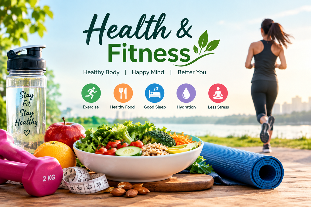 Health and fitness lifestyle with healthy food, dumbbells, yoga mat, water bottle, and woman jogging